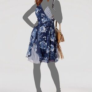 INC International Concepts Women's Blue Floral Striped Ruffle Dress Size 4